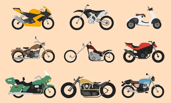 Set of motorcycle or motorbike, bike or extreme cycle. Retro street scooter and modern cruiser or moped. Collection transports for road racing. — Stock Vector