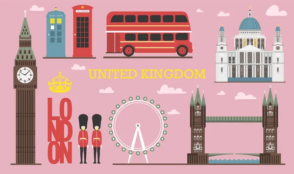 England architecture info graphic. Vector illustration, Big Ben in London, tower bridge and double decker bus, Police box, St Pauls Cathedral, queens guards, city phone. Attractions for banner.