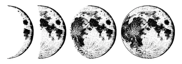 太阳系中的月相行星。占星术或天文星系空间。轨道或圆。刻在旧素描, 老式风格的标签手绘. — 图库矢量图片