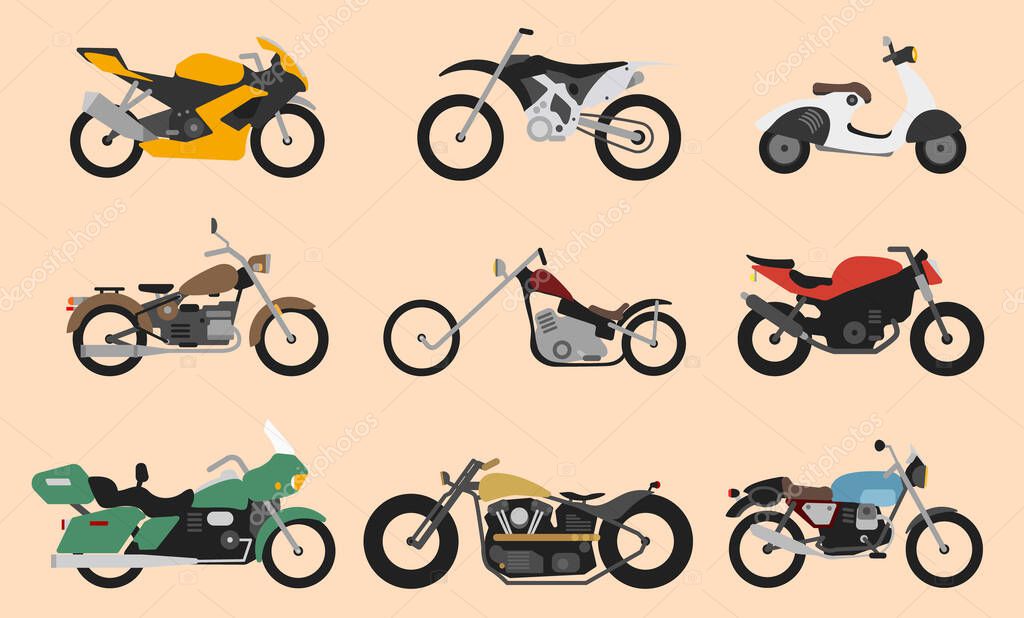 Set of motorcycle or motorbike, bike or extreme cycle. Retro street scooter and modern cruiser or moped. Collection transports for road racing