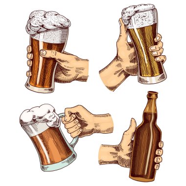 Elde bira bardağı. Şerefe. Kupa ya da bir şişe Ekim Festivali. Eski bir skeç ve web için klasik tarzda çizilmiş mürekkep el yazısı, parti ya da bar menüsüne davetiye. Beyaz arkaplanda tasarım ögesi.
