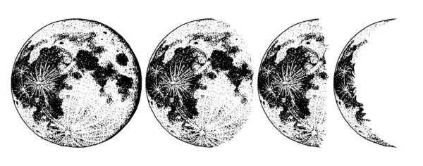 Moon phases planeten in het zonnestelsel. Astrologie of astronomische galaxy ruimte. baan of een cirkel. gegraveerde hand getrokken in oude schets, vintage stijl voor label. — Stockvector