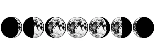 달에는 태양계에 있는 행성 단계. 점성술 또는 천문학은 공간입니다. 궤도 또는 원형입니다. 오래 된 스케치, 라벨에 대 한 빈티지 스타일에 새겨진된 핸드. — 스톡 벡터