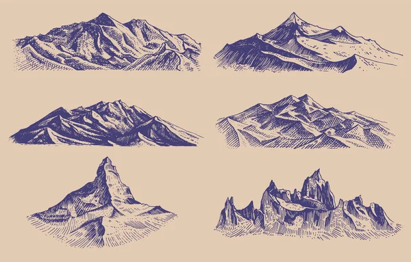 Κορυφές βουνών και λόφος αναρρίχησης. Ζωγραφισμένο στο χέρι παλιό σκίτσο. Σύνολο στοιχείων σε χαραγμένο στυλ. Αλπικά ψηλά ύψη για αφίσες πεζοπορίας, τατουάζ ή t-shirts. — Διανυσματικό Αρχείο