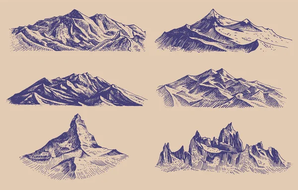 Montanhas picos e subida colina. Desenho à mão Desenho antigo vintage. Conjunto de elementos em estilo gravado. Elevações alpinas para cartazes, tatuagens ou camisetas para caminhadas . — Vetor de Stock