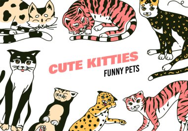 Kedilerin geçmişi. Şirin komik Evcil Kedicik posteri. Yıkama, oynama ve uyuyan hayvanlar. Elle çizilmiş eskiz afişi. Taslak klasik karalama tarzında tek renkli Vektör illüstrasyonu