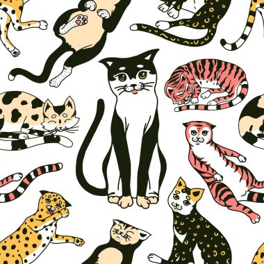 Komik Kediler. Kusursuz kalıp ya da arka plan. Şirin komik Evcil Kedicik posteri. Uyuyan hayvanlar. Kumaş ve tekstil için elle çizilmiş eskiz afişi. Çizgi çizim biçiminde vektör illüstrasyonu.