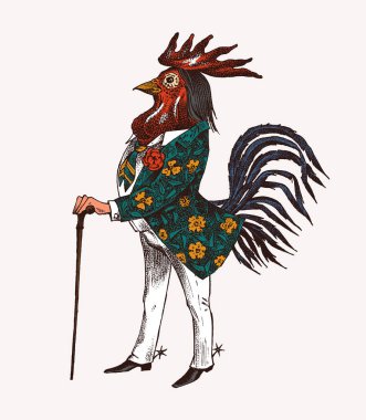 Bastonlu ve çizmeli horoz karakteri. Modaya uygun Aristokrat ya da Zengin Adam. El yapımı, modaya uygun bir horoz. Oymalı eski monokrom çizimi.
