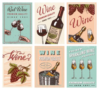 Şarap afişleri ya da üzüm bağı afişleri. Şampanya arkaplanı, tost ve üzüm. Bar, alkol etiketi, restoran menüsü için el çizimi eski bir eskiz..