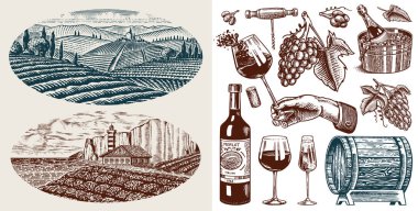 Üzüm bağı ve şarap seti. Köpüklü şampanya, şişe ve bardak şerefe, buz kovası, tirbuşon üzümler, ahşap fıçı. Asma etiketleri. Poster, restoran menüsü için elle çizilmiş eski bir taslak.