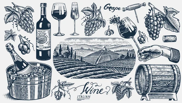 Vinhedo e Conjunto de Vinhos. Champanhe espumante, garrafa e vidro Cheers, balde de gelo, Corkscrew Cork Grapes, barril de madeira. Etiquetas de videira. Desenho à mão Esboço vintage gravado para cartaz, menu de restaurante . —  Vetores de Stock