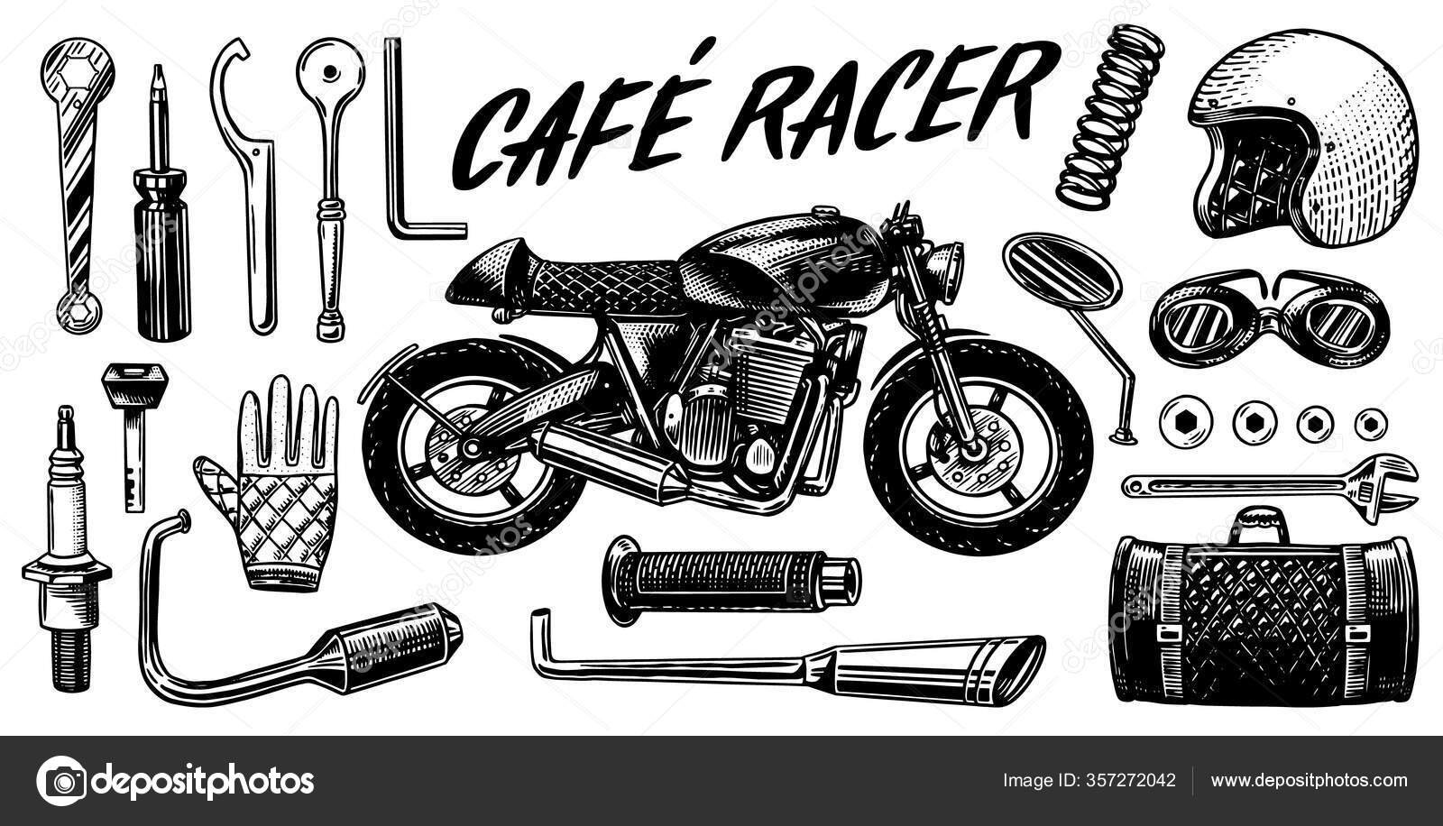 Réparation de moto. Ensemble d'outils pour le Café Racer. Gants de