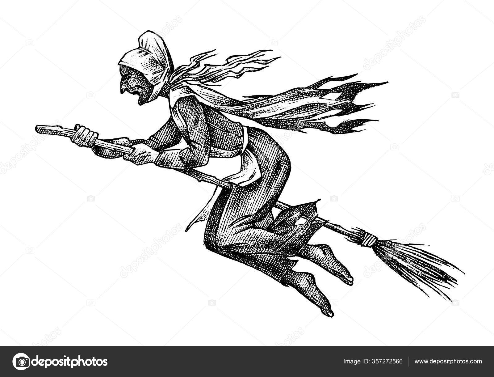 魔女はほうきの棒で飛ぶ。古代神話の架空の人物。モノクロームのスケッチを彫る。手描きヴィンテージベトイラスト. ストックベクター  ©ArthurBalitskiy 357272566, image size:1600x1220