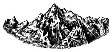 Alp Dağları. Chamonix-Mont-Blanc tepeleri. Klasik rock, eski dağlık arazi. El çizimi dış mekan çizimi. Yürüyüş kartı, tırmanış afişi, dövme veya etiket.