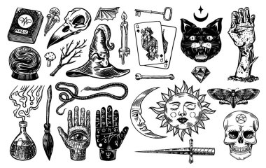 Mistik sihirli boho elementleri. Büyücülük astrolojik seti. Dövme için esrarengiz simya eskizi. El falı ve kafatası, ölü bir adamın eli. Oymalı Oyun Kartları ve Kara Kedi.