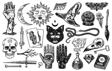 Mistik sihirli boho elementleri. Büyücülük astrolojik seti. Dövme için esrarengiz simya eskizi. El falı ve kafatası, ölü bir adamın eli. Oymalı Oyun Kartları ve Kara Kedi.