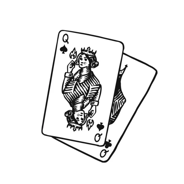 Playing cards in vintage doodle style. Spades Queen. Hand drawn engraved doodle sketch. Vector illustration for tattoo or t-shirt. — Stock Vector