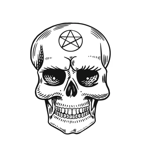 Menselijke schedel met satanische symbolen. Element van magische mystieke spreuken. Met de hand gegraveerde doodle schets. Vectorillustratie. — Stockvector