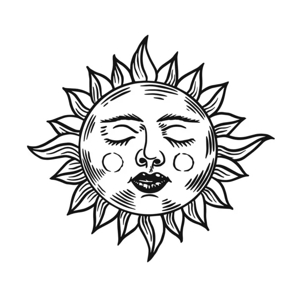 Mystical sleeping sun. Astronomy, alchemy and astrology symbol. Magic Gypsy Vector illustration. Hand drawn engraved doodle sketch for tattoo or t-shirt.. — Stock Vector