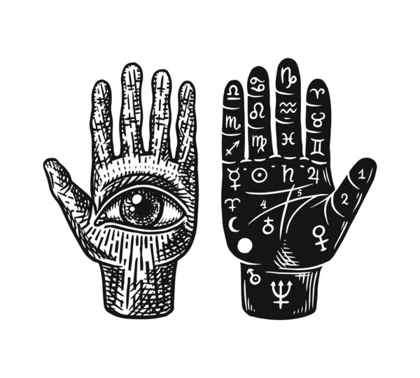 Mystieke magische handpalm. Esoterische of alchemie occulte schets voor tatoeage. Het lot in de palm van je hand. Met de hand gegraveerde illustratie. — Stockvector