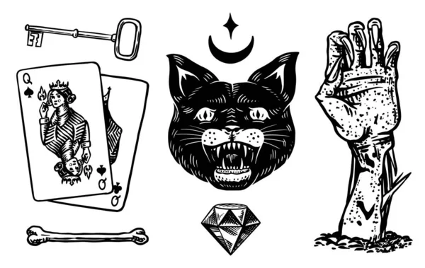Mistik boho elementleri. Büyücülük astrolojik seti. Dövme için esrarengiz simya eskizi. Kara Cadı Kedi, ölülerin eli, iskambil kağıtları, falcılık. Gravür oymalı vektör çizimi.