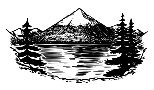 Monte Fuji. Volcán en Japón. Picos montañosos, roca de época, cordillera antigua. Dibujo dibujado a mano vector al aire libre en estilo grabado. Plantilla para tarjeta de senderismo, bandera de escalada . — Vector de stock