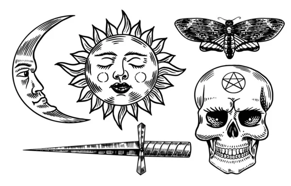 Elementos místicos do boho mágico. Conjunto astrológico de bruxaria. Alquimia esotérica religião ocultismo esboço para tatuagem ou camiseta. Sun Moon Sphingidae borboleta Dagger Crânio. Desenho Ilustração vetorial gravada —  Vetores de Stock