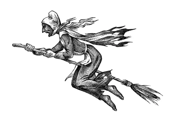 Cadı süpürgeyle uçar. Antik mitolojik kurgusal karakter. Oymalı monokrom çizimi. El yapımı klasik veto illüstrasyonuName.