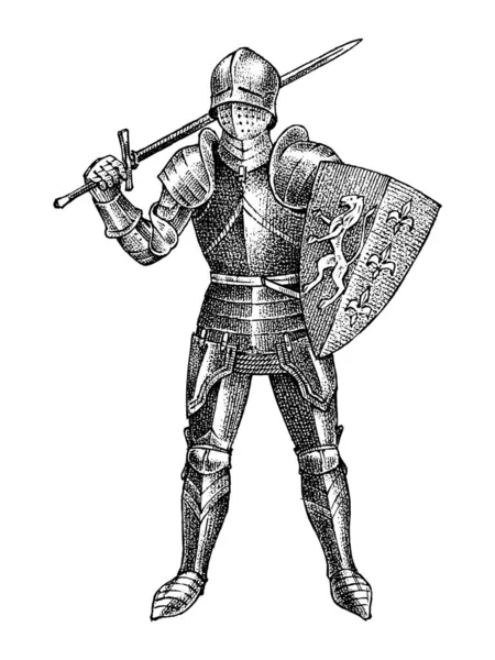 Ortaçağ şövalyesi ata biniyor. Tarihi antik askeri karakter. Kılıçlı ve kalkanlı prens. Eski bir savaşçı. Vintage vektör çizimi. Kabartmalı el çizimi illüstrasyon. — Stok Vektör