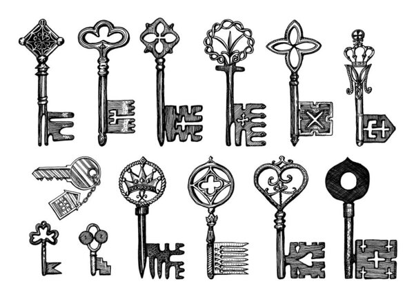 Victorian keys. Medieval Gothic locks set. The device for opening the door. Antique elements to blocking. System of security. Vintage vector sketch. Engraved hand drawn illustration.
