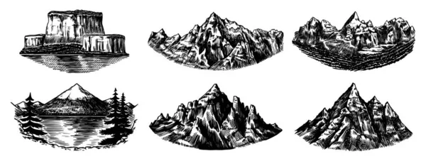 Ensemble de sommets montagneux, rocher vintage, ancienne chaîne de montagnes. Croquis extérieur vectoriel dessiné à la main dans un style gravé. Alpes et Chamonix-Mont-Blanc pour carte de randonnée, banderole d'escalade, tatouage ou étiquette . — Image vectorielle