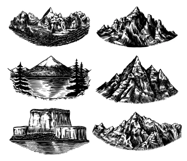 Set of mountains peaks, vintage rock, old highlands range. Hand drawn vector outdoor sketch in engraved style. Alps and Chamonix-Mont-Blanc for hiking card, climbing banner, tattoo or label. — Stock Vector