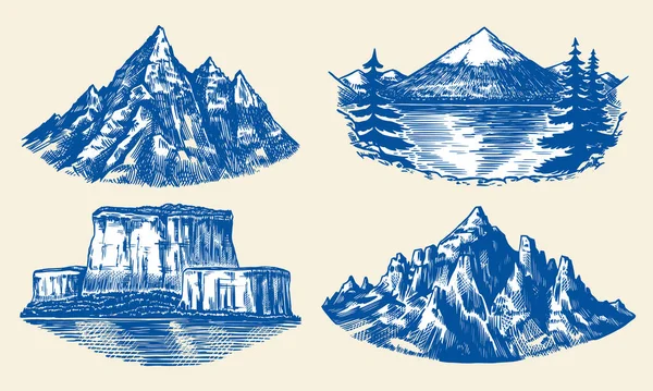 成组的山峰，古老的岩石，古老的高地范围。手工绘制的矢量户外草图的雕刻风格。登山卡、登山横幅、纹身或标签用的阿尔卑斯山和夏蒙尼克斯-勃朗峰. — 图库矢量图片