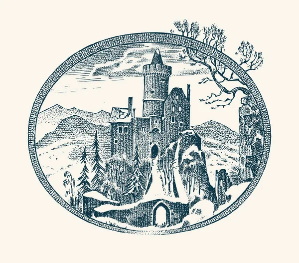 Medeltida slottet. Historiska antika slott. Forntida herrgårdsmiljö. Vintage vektor landskap skiss. Graverad handritad illustration. — Stock vektor