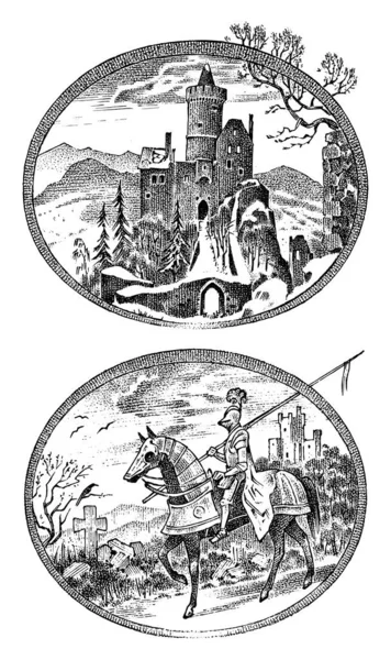 Средневековый рыцарь и замок. Античный замок и кавалер на лошадях. Древний всадник. Шаблон этикетки или значка. Ручной выгравированный монохромный винтажный эскиз . — стоковый вектор