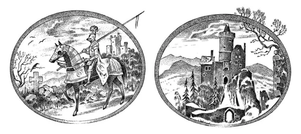 中世纪的骑士和城堡古埃及城堡和骑士骑马。古老的骑手标签或徽章模板。手绘单色复古素描. — 图库矢量图片