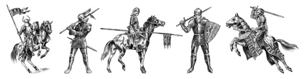 身穿盔甲骑着马的中世纪武装骑士。历史上的古代军事人物设置。有矛和旗的王子古老的战士古埃及矢量草图。雕刻的手绘插图. — 图库矢量图片