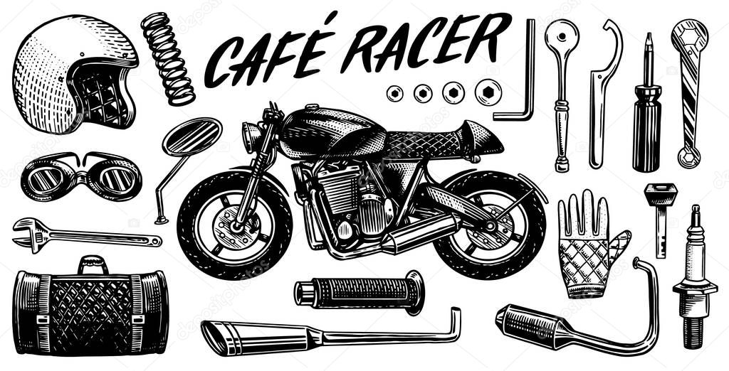 Motorcycle repair. Set of tools for the cafe racer. Bike Gloves Helmet Instruments for motor bicycle. Mending and renovation of vehicles. Hand drawn engraved monochrome sketch for labels or posters.