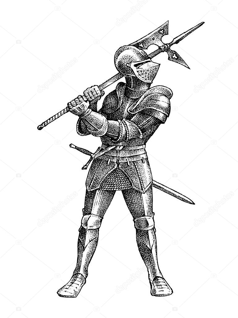 Medieval armed knight. Historical ancient military character. Prince with Battle axe. Ancient fighter. Vintage vector sketch. Engraved hand drawn illustration.