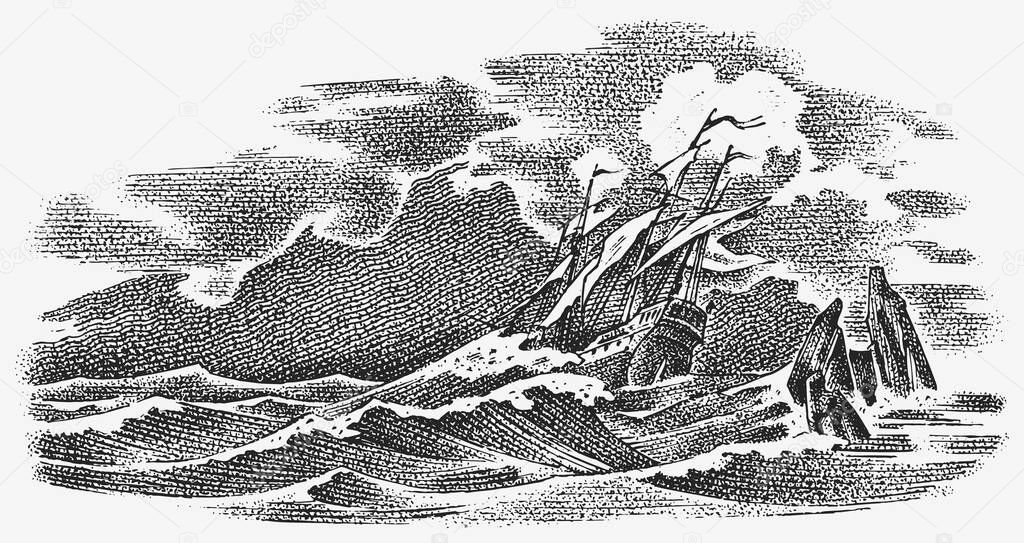 Sinking ship at sea. Ocean storm, strong waves. Vintage engraved monochrome sketch. Historic seascape. Vector illustration for banner or poster. Boat trip or vessel voyage.