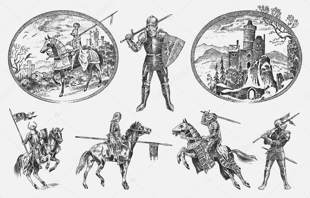 Medieval armed knight in armor and on a horse. Historical ancient military characters set. Cavalier with a spear and a flag. Ancient fighters. Vintage vector sketch. Engraved hand drawn illustration.