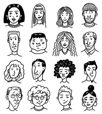 İnsanların farklı yüzleri var. İnsan Görseller Koleksiyonu. Yaşlılık ve gençlik. Mutlu duygular. Yüzünde olumlu bir ifade olan bir portre. Erkekler ve kadınlar, büyükanneler ve kızlar. El çizimi karalama..