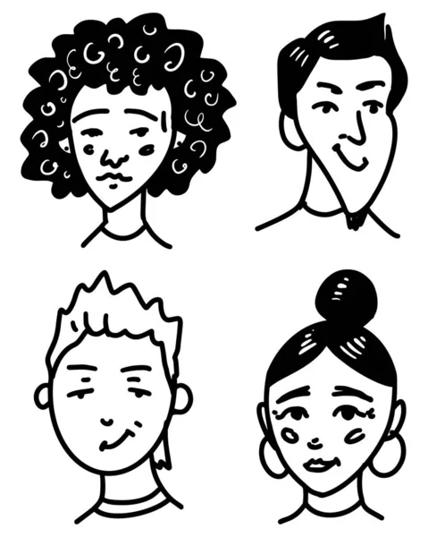 Diverse faces of people set. Human Avatars Collection. Happy emotions. Portrait with a positive facial expression. Men and women and girls. Hand drawn doodle sketch. — Stock Vector