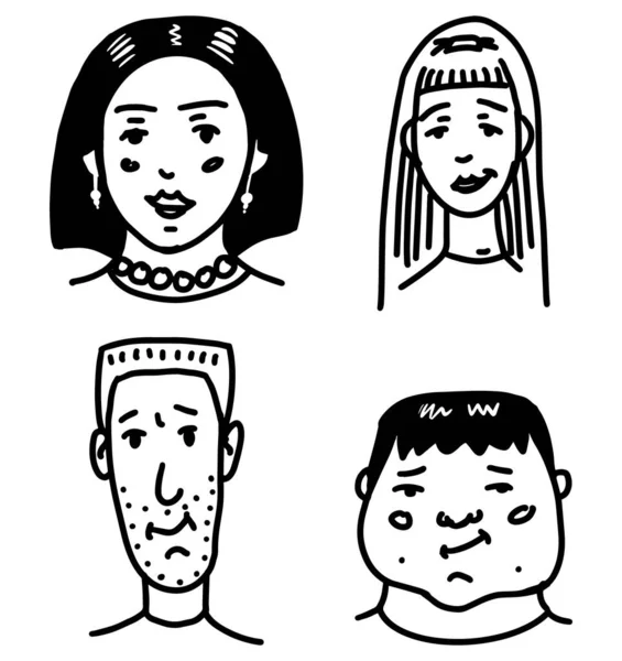 人々の多様な顔を設定します。人間アバターコレクション。幸せな感情だ。積極的な表情を持つ肖像画。男性と女性、太った男の子と女の子。手描きのドアスケッチ. — ストックベクタ
