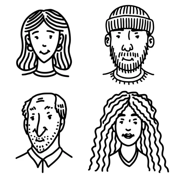 Diverse fețe ale oamenilor setate. Human Avatars Collection. Emoţii fericite. Portret cu o expresie facială pozitivă. Hipster Bărbați și femei, bunici și fete. Schiță de doodle trasă manual . — Vector de stoc