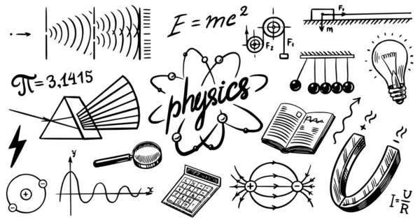 Concepto de física o educación. Conjunto de iconos y fórmulas. Experimentos nucleares atómicos. espectro. Examen escolar o laboratorio. Símbolos garabatos dibujados a mano. Espectro, Magnetismo, Mecánica. Antecedentes científicos o pancarta — Archivo Imágenes Vectoriales