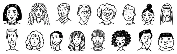 Rozmanité tváře lidí se rozestavily. Sbírka lidských avatarů. Starý a mladý. Šťastné emoce. Portrét s pozitivním výrazem ve tváři. Muži a ženy, prarodiče a dívky. Ručně kreslený náčrtek. — Stockový vektor