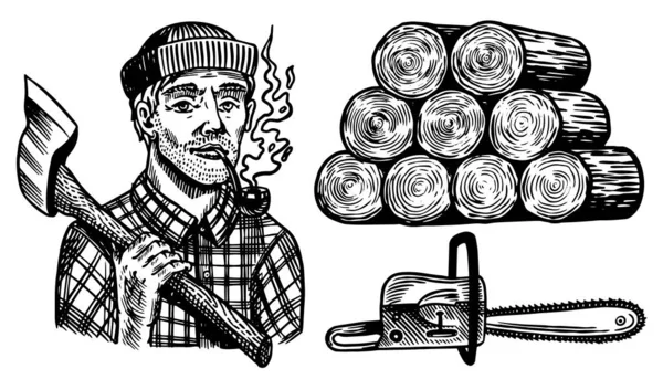 Lumberjack with axe. Woodsman character and work tools Set. Downed logs, Saw or chainsaw. Hand drawn elements. Logger or axeman or woodcutter. Vector illustration. Engraved Monochrome Vintage Sketch. — Stock Vector