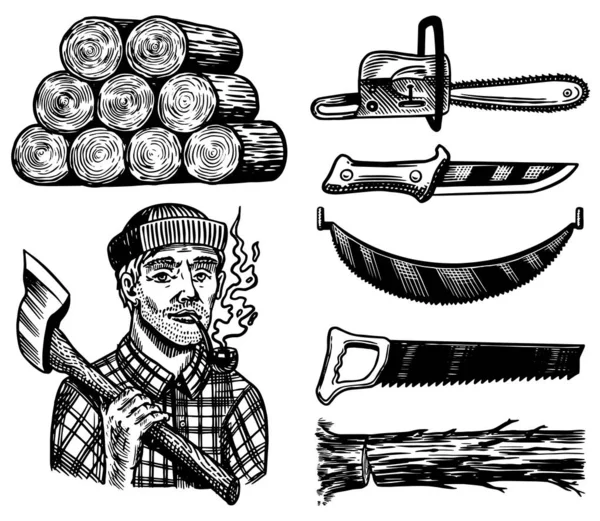 用斧头砍柴木制人物和工作工具集。断木、锯子或链锯。手绘元素。伐木工、斧夫或伐木工。矢量图解。凹版单色复古素描. — 图库矢量图片