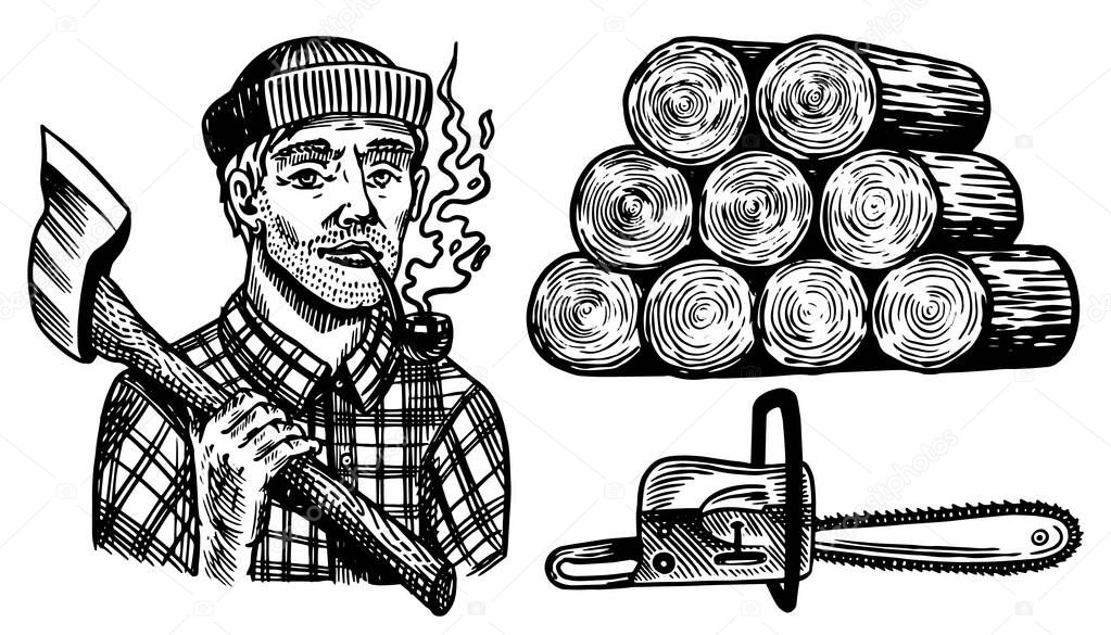 Lumberjack with axe. Woodsman character and work tools Set. Downed logs, Saw or chainsaw. Hand drawn elements. Logger or axeman or woodcutter. Vector illustration. Engraved Monochrome Vintage Sketch.